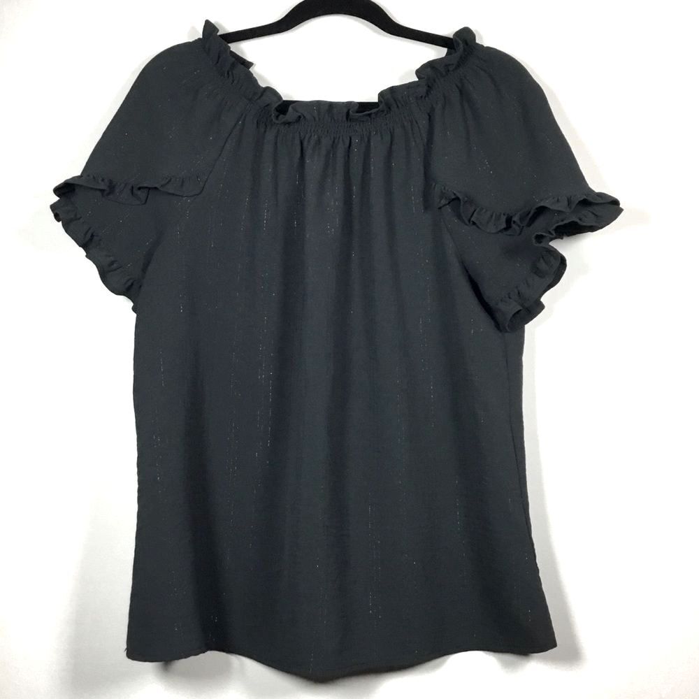 Black double ruffle sleeve top tie back delicate gold metallic strands bling M